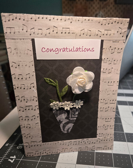 Congratulations Card handcrafted with Faux Rose & Musical Notes - Elegant Floral Greeting Card